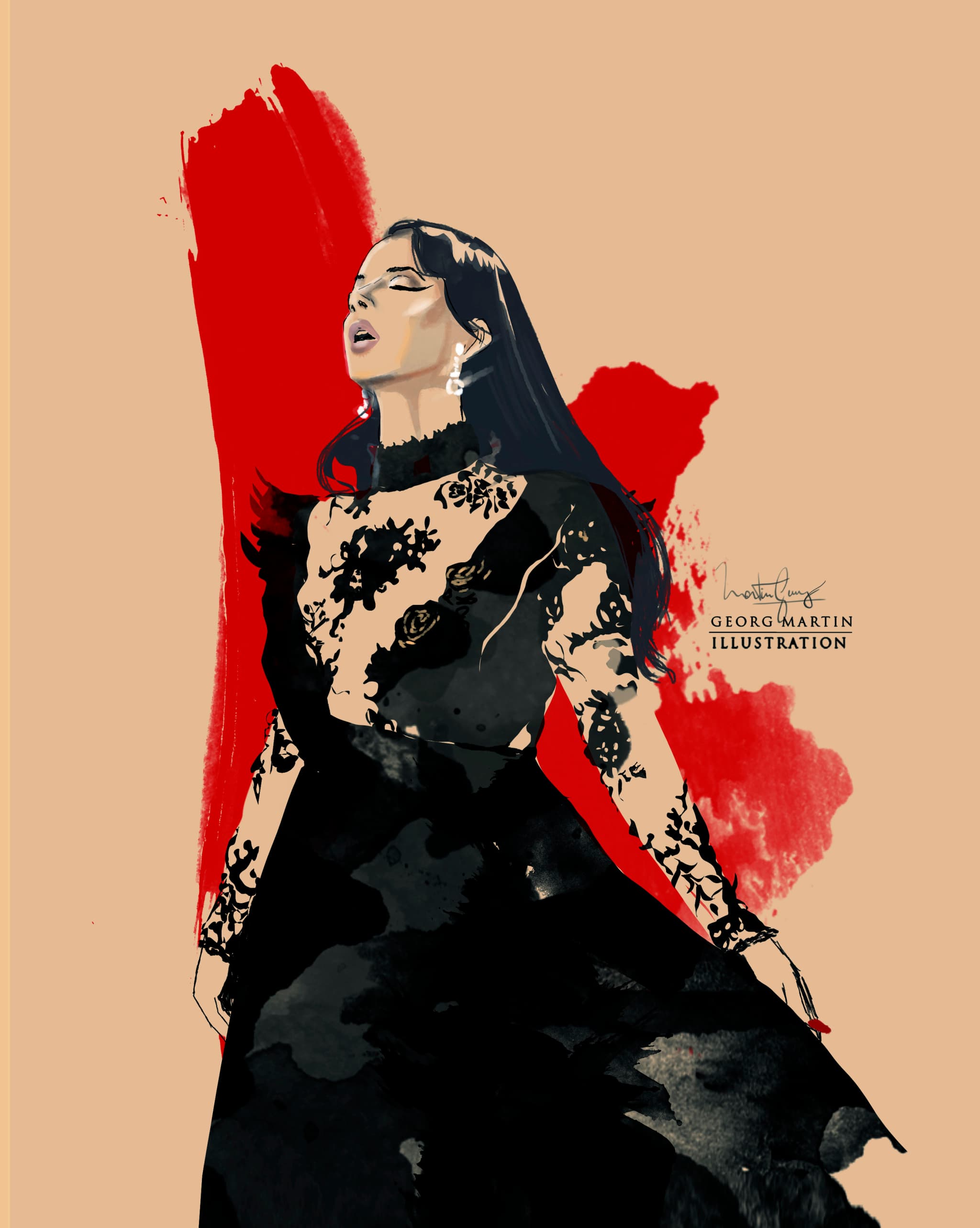 Ink and gouache fashion illustration of a figure in a black lace gown